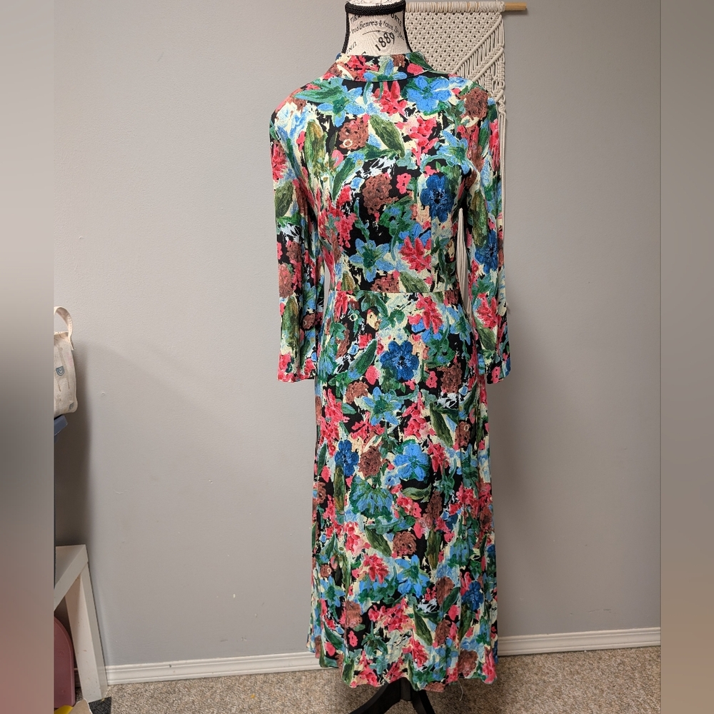 ZARA Floral Midi Dress Watercolor Small 3/4 Sleeve Bow Back Halter High Neck - Picture 2 of 5